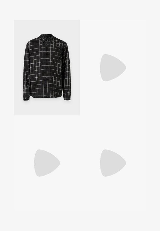 Čierna košeľa s dlhým rukávom a béžovým mriežkovaným vzorom. Má zapínanie na gombíky a klasický golier. Hladká textura, minimalistický dizajn.; Béžové nohavice so rovnym strihom, s bočnými pruhmi z ružovo-zlatých flitrov a jemným vyšívaným detailom na nohách.; Biele a čierne tenisky s hladkým koženým zvrškom, štruktúrovanými akcentmi a masívnou bielou podrážkou. Obsahujú klasický dizajn so šnurovaním.; Tmavohnedá kožená crossbody taška s textúrou, nastaviteľným popruhom a malým dekoratívnym modrým prvkom na boku.