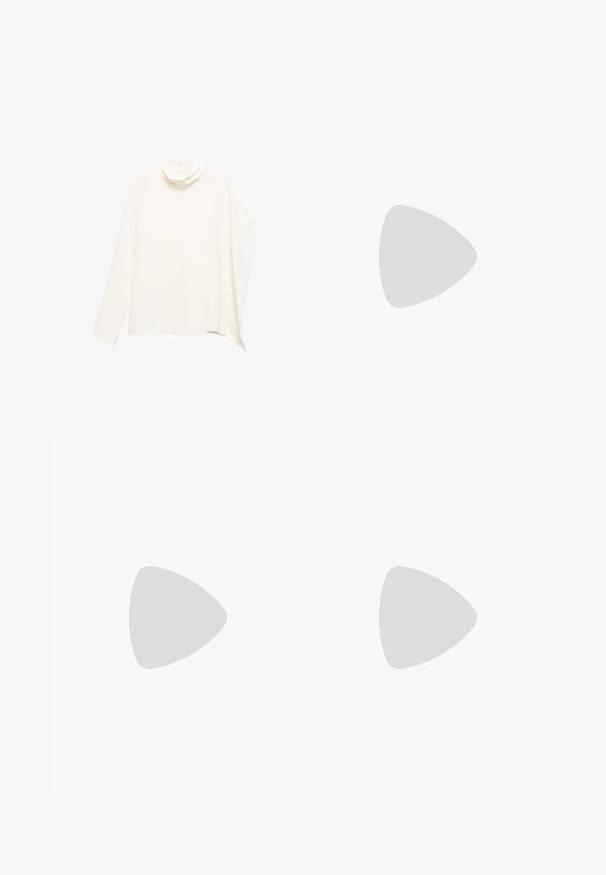 Hvid højhalset bluse med lange ærmer, draperet design, blød tekstur og minimalistisk stil. Har knaplukning på ryggen.; Hvide linned bukser med høj talje, der har frontfolder og en afslappet silhuet, der smalner ind mod anklen. Glat tekstur, ingen mønstre.; Beige læderslingback sko med spids tå og lav blokhæl, vist fra siden på en hvid baggrund.; Brun skuldertaske i læder med frontklaffelukning og guldlås, med justerbar rem med gulddetaljer på hvid baggrund.