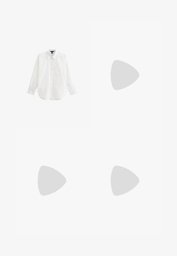 Witte langek mouw shirt van katoen, met een knopenlijst aan de voorkant, kraag, enkele borstzak en een ronde onderrand. Glad van textuur.; Zwarte wijde broek gemaakt van soepel stof. Kenmerkt zich door een vlakke voorkant, ceintuurlussen en een nette zoom zonder zakken of zichtbare sluitingen.; Zwarte leren instappers met een gladde afwerking, ronde neus en een decoratief bandje over de voorkant. Ontwerp met lage blokhak.; Zwarte leren crossbodytas met een ritsvak aan de voorkant, verstelbare band en zilveren "Liebeskind Berlin" logo.