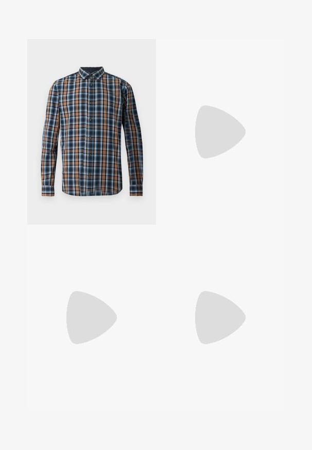 TOM TAILOR CHECKED - Skjorter - navy blue; Fadede blå denim jeans med slim fit, der har slidte områder ved knæene, en knaplukning og fem-lomme design.; Sort læder loafersko med rund tå, syningsdetaljer og en tyk, struktureret sål. Har et elegant, minimalistisk design.; Sort læder crossover taske med firkantet form, lynlåslukning og justerbar rem. Har det præget brandlogo på forsiden.