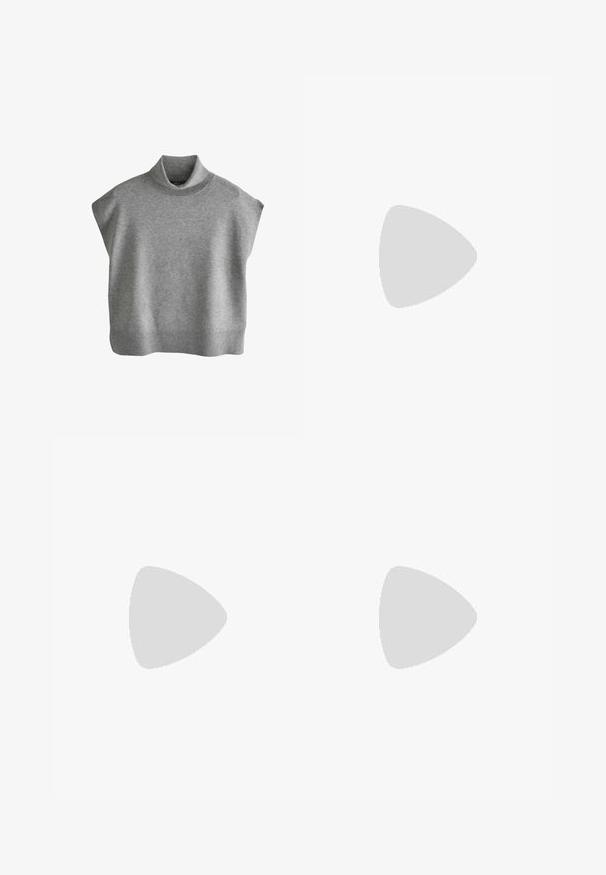 Grå ærmeløs strikket sweatervest med høj ribstrikket krave og bred ribstrikket kant, lavet af blødt, mediumvægt stof.; Sorte vidde bukser lavet af glat stof, med høj talje og bæltesløjfer, med plisserede detaljer foran og uden synlige mønstre.; Sort ballerinasko i læder med samlet tå og snøre med metalender, minimalistisk og elegant set fra siden.; Sort textured læderhåndtaske med bred bund og tykke, afrundede håndtag, der har en central lodret søm og subtil syningsdetalje.