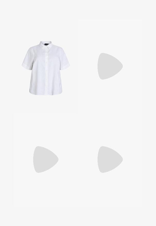 Hvid kortærmet skjorte med knapper og krave, ensfarvet design, let løs pasform, knapper foran og korte ærmer.; Lyseblå denimshorts med lige snit, fem lommer og synlige stikninger. Har en lukning med knap og lynlås.; Brun læder slidesandal med krydsstropdesign. Flad sål med en glat finish og minimalistisk stil. Ingen synlige beslag eller accenter.; Beige vævet tote bag med to håndtag og "VANESSA BRUNO" trykt i sort på et solidt vævet panel i midten.