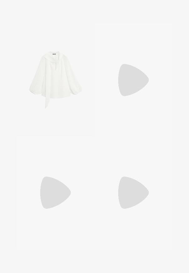 Witte blouse met lange mouwen, brede opgeblazen mouwen en een lange stoffen strik die om de halslijn gedrapeerd is.; Beige wijde broek met elastische tailleband, gemaakt van lichtgewicht stof, plat gelegd op een witte achtergrond.; Wedge espadrille met beige en roze geweven bovenwerk, gevlochten jutezool en roze enkelriem op witte achtergrond.; Geweven stro tote bag met dubbele handvatten, voorzien van een gestructureerd, open weefpatroon en naturel beige kleur, geschikt voor casual gebruik.