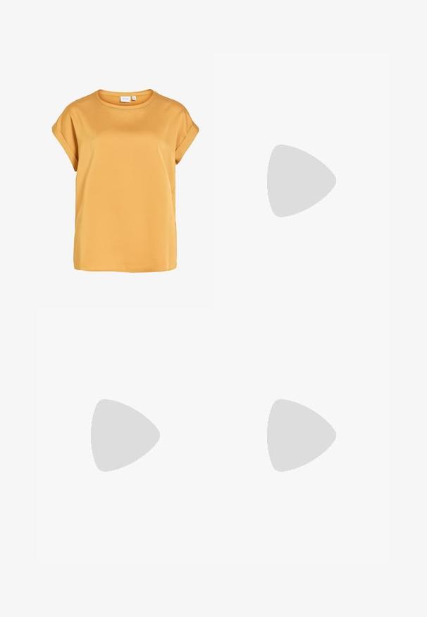 Blouse jaune moutarde à manches courtes avec poignets retroussés et encolure ronde, en tissu léger et lisse.; Jean noir taille haute à jambes larges avec fermeture devant par bouton et zip, passants de ceinture, et design cinq poches sur fond blanc uni.; Even&Odd by Zalando Ballerines à brides arrière - black; Sac à main bordeaux en matériau brillant, de forme rectangulaire, avec deux anses et des accents légèrement courbés à l'avant.