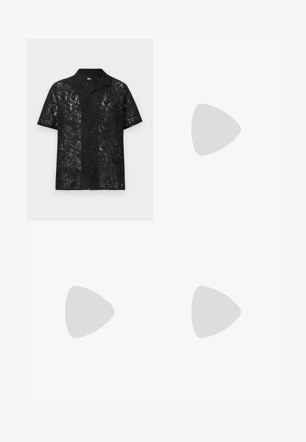 Black short-sleeve button-up shirt with a floral lace pattern and a spread collar, shown against a plain light background.; Light gray denim shorts with a button closure, front pockets, belt loops, and raw hems.; Black leather loafers with a rounded toe, featuring gold hardware accent and stitching detail, set on a low, textured rubber sole.; Black rectangular crossbody bag with front zip pocket, adjustable strap, and silver rectangular logo plate on plain background.