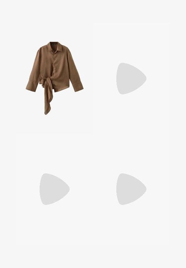 Chemise marron à manches longues avec boutons, larges poignets et détail asymétrique avec nœud à la taille.; Pantalon crème taille haute à jambes larges avec plis devant et fermeture dissimulée par boutons et zip.; Chaussure plate slingback en daim marron à bout pointu avec une bride à boucle dorée et une fine semelle noire.; Sac à main en daim marron doux avec une poignée supérieure unique et des détails latéraux froncés maintenus par des sangles en cuir et des anneaux métalliques.