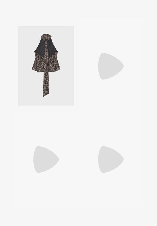 Haut dos nu noir avec bordure imprimé léopard marron et longue écharpe assortie nouée autour du cou et tombant sur le devant.; Haut marron épaules dénudées avec ourlet asymétrique, tissu froncé et subtils ornements floraux en sequins.; Talons slingbacks en cuir verni marron avec un bout pointu, un talon fin et une bride réglable. Texture lisse et finition brillante.; Sac bandoulière en cuir marron foncé avec une forme souple et décontractée et une anse nouée torsadée sur un fond blanc uni.