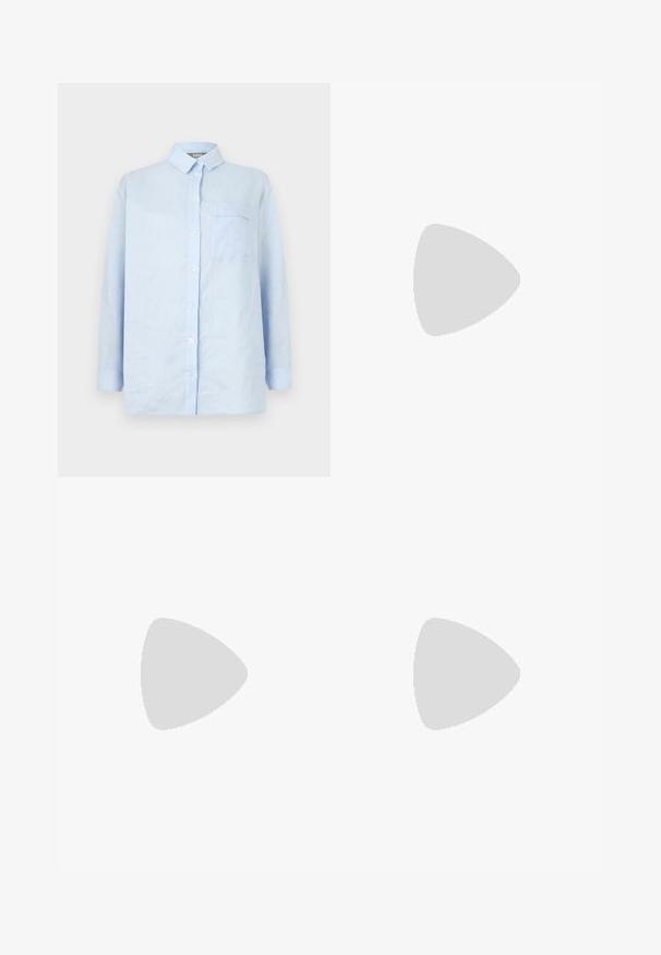 Chemise bleu clair à manches longues avec boutons, col et une poche poitrine unique sur fond blanc.; Pantalon large taille haute marron foncé avec plis sur le devant et taille structurée, fabriqué en tissu léger.; Chaussure plate en cuir verni noir avec un bout pointu, une petite lanière décorative et un petit talon carré. Texture lisse et design épuré.; Petit sac pochette beige avec tissu texturé à pois, cadre argenté, fermoir rond blanc et bracelet de poignet amovible sur fond uni.