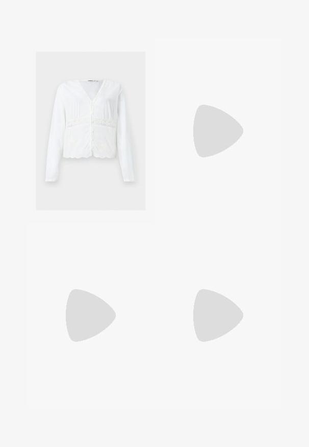 Blouse blanche à manches longues boutonnée, col en V, détails en dentelle autour de la taille et ourlet festonné.; Jupe blanche à volants avec taille élastique et ourlet volanté, fabriquée en tissu léger.; Chaussure plate en cuir noir avec un nez pointu, des détails froncés autour de l'ouverture et un accent en boucle argentée sur la bride ajustable.; Sac à main synthétique blanc avec deux poches avant, chacune ornée d'un nœud noué. Texture lisse, anses arrondies et fermeture zippée.
