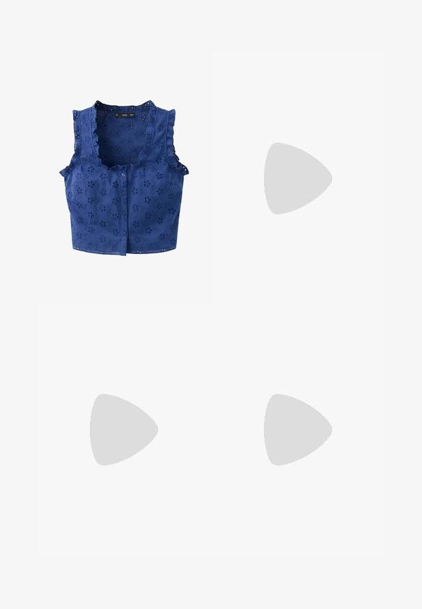 Blouse bleue sans manches avec boutons devant, broderie florale ajourée, et bords volantés le long de l'encolure et des emmanchures.; Pantalon large bleu marine avec poches avant et taille à cordons lacée, présenté sur fond blanc.; Sneakers en suede noir avec trois bandes blanches, logo doré et semelle en caoutchouc marron. Présente un design à lacets à profil bas.; Lunettes de soleil style œil de chat avec une monture en écaille de tortue noire et orange, verres marron et pointes effilées et élégantes. Présente un logo minimaliste sur la branche.