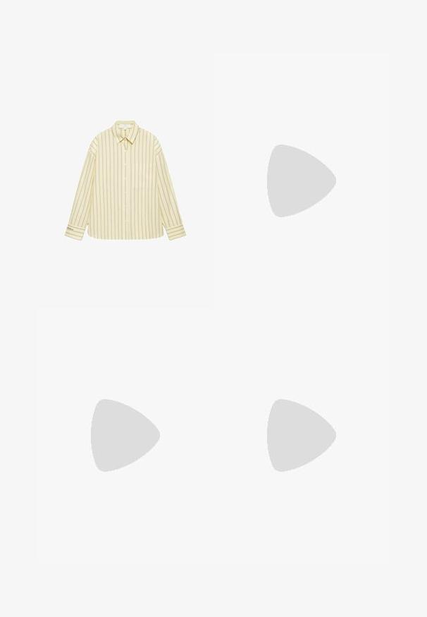 Chemise boutonnée jaune clair avec fines rayures verticales marron, manches longues, col, poche poitrine et petit texte sur le poignet gauche.; Jean blanc en coton à jambes larges, fermeture devant par bouton et zip, passants pour ceinture, style cinq poches.; Baskets Adidas Spezial blanches avec des rayures noires et une semelle en gomme flottant au-dessus de marches en pierre grises à l'extérieur.; Sac en cuir vegan bordeaux, brillant, avec une forme douce et sculpturale et une large poignée incurvée pour un transport facile.