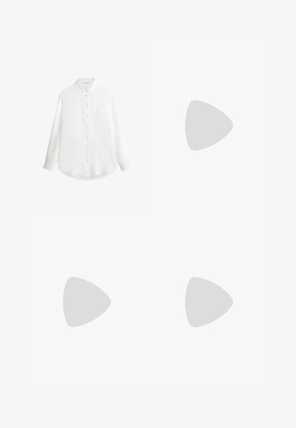 Chemise blanche à manches longues avec col et poche poitrine, présentée à plat sur un fond blanc.; Pantalon large en lin beige clair avec taille élastique et cordon de serrage. Présente une coupe ample et une texture lisse.; Sandale compensée avec une semelle d'espadrille texturée, des brides beiges entrecroisées autour de la cheville, design à bout ouvert, matériau lisse ressemblant au cuir.; Sac à main en paille tissée avec des anses et des garnitures en cuir marron, doté d'une base ronde et d'une bandoulière amovible.