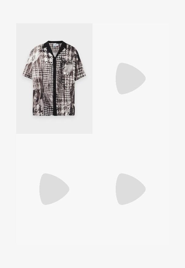 Chemise à manches courtes avec col noir, patte de boutonnage noire, poche avant et motif pied-de-poule abstrait noir et blanc.; Shorts en cuir noir à la coupe ajustée, dotés de deux poches avant, d'une fermeture à boutons et d'une texture lisse et brillante.; Mocassins en cuir noir avec une finition texturée, dotés d'une bride décorative à l'avant et d'un bout arrondi. Semelle en caoutchouc pour plus de durabilité.; Lunettes de soleil noires avec une forme rectangulaire, des verres foncés, une monture en plastique brillant et des accents métalliques sur les branches.