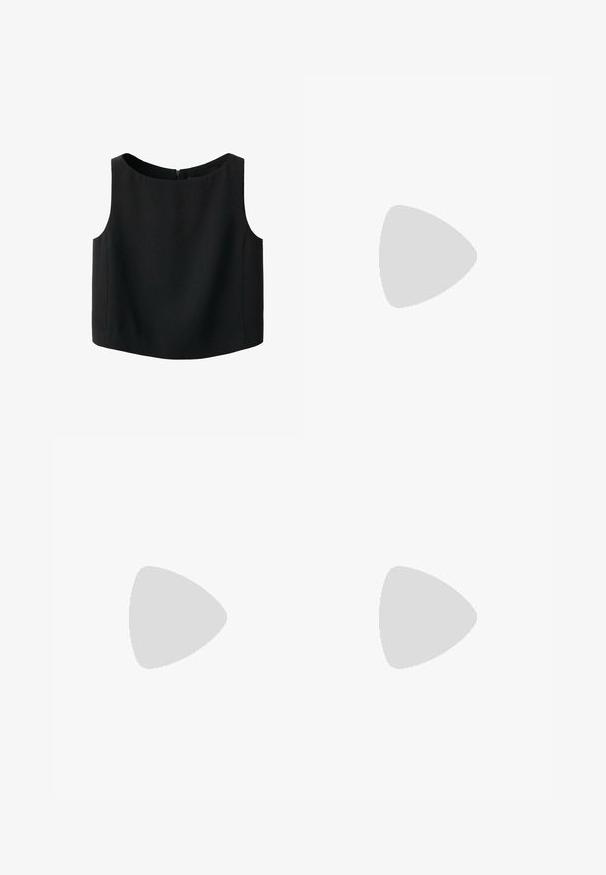 Haut noir sans manches avec un col rond et une texture de tissu lisse. Il possède une fermeture éclair discrète au dos et un ourlet droit.; Pantalon noir à jambes larges avec passants de ceinture, bouton frontal et fermeture éclair, étalé à plat sur un fond blanc.; Chaussure plate en cuir noir debout sur une surface asphaltée près du bord d'un trottoir carrelé.; Petit sac à main noir brillant avec deux longues anses et des détails à cordon sur les côtés sur un fond clair uni.