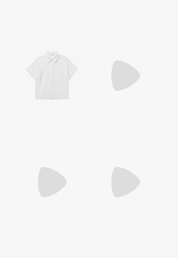 Chemise blanche à manches courtes avec col, motif floral embossé, boutonnage devant, coupe ample et manches retroussées, présentée sur un fond uni.; Jeans évasés bleu clair à taille haute, en denim. Présentent un design classique à cinq poches et un ourlet brut aux poignets.; Bottines en suède marron avec une doublure en peluche, semelle épaisse en beige et une poignée à l'arrière. Surface texturée avec des détails de couture visibles.; Lunettes de soleil style œil de chat avec une monture en écaille de tortue noire et orange, verres marron et pointes effilées et élégantes. Présente un logo minimaliste sur la branche.