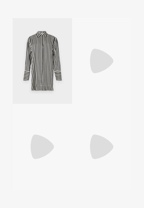 Chemise à rayures noir et blanc avec un col pointu, des manches longues et un devant boutonné. Caractéristiques de rayures larges et étroites alternées.; Jean en denim noir à jambes larges et taille haute, avec poches avant et détails de couture subtils. Texture lisse avec une coupe classique.; Bottine en cuir noir avec bout pointu et petit talon, présentée devant un mur en blocs de verre et un sol poli.; Sac à main en cuir noir avec une anse unique et une fermeture à boucle argentée sur un fond blanc.