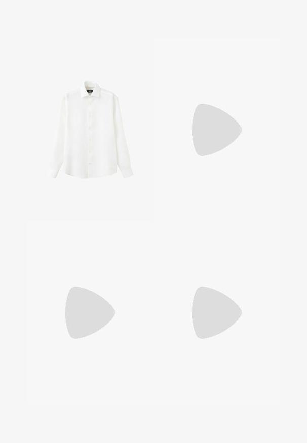 Chemise blanche à manches longues avec col et poignets, boutonnée, présentée à plat sur un fond blanc.; Pantalons noirs au design droit, fabriqués à partir d'un tissu lisse. Dotés de plis sur le devant et d'une fermeture à un bouton à la taille.; Mocassins en cuir noir avec un bout arrondi, une couture décorative et une semelle en caoutchouc plate. Présentent une sangle surélevée sur le devant.; Montre analogique noire avec un boîtier en métal rond, un cadran noir, des marqueurs de heure luminescents et un bracelet texturé gris. Présente un design minimaliste.