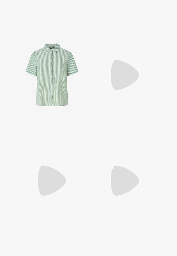 Camisa de manga corta a rayas verdes y blancas con cierre de botones y cuello puntiagudo. Tela suave y ligera con un corte relajado.; Pantalones de pierna ancha en verde oliva con cintura elástica y cordón ajustable, vista frontal sobre un fondo liso.; Sandalia de charol marrón oscuro con tacón bloque, tira en el tobillo con hebilla y dos tiras finas sobre los dedos, sobre fondo blanco.; Bolso de hombro metálico dorado con forma curvada, textura suave, una correa plana y un detalle decorativo de hebilla en la parte frontal.