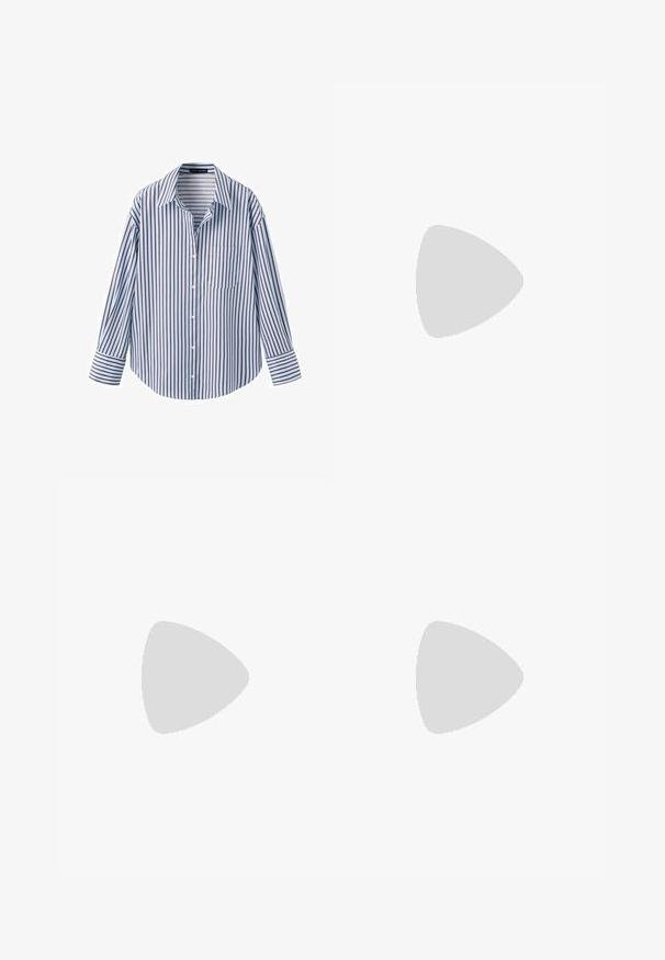 Chemise à manches longues avec boutons, à rayures verticales bleues et brunes, col pointu, poche poitrine avant et poignets à boutons.; Pantalon évasé en simili cuir marron, avec une taille haute, des poches avant et une texture lisse, agrémenté de détails de couture subtils au niveau des genoux.; Chaussure plate noire à bout pointu avec un talon bas et une tige en cuir lisse, présentée de profil sur un fond blanc.; Sac à bandoulière triangulaire marron foncé doux avec une poignée large unique en haut et une texture de surface lisse.