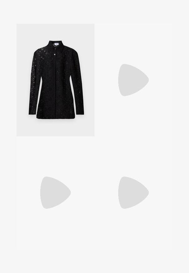 Black long-sleeve lace blouse with floral cutout pattern, buttoned front, and pointed collar, displayed on plain background.; Brown wide-leg trousers made of smooth fabric, featuring front panel seams and a single metal button closure at the waistband.; Black leather ballet flat with a rounded toe, smooth texture, minimal stitching detail, and a flexible sole design.; Black Michael Kors leather shoulder bag with top zipper, diagonal front zipper pocket, flap pocket with snap button, and silver chain detail.