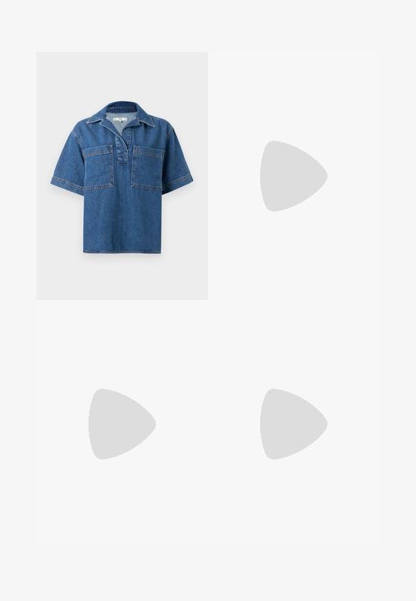 Chemise en denim à manches courtes de couleur bleu moyen, avec un col, deux poches avant et des coutures contrastées. Coupe décontractée et ourlet arrondi.; Jean évasé bleu foncé en denim avec une taille haute, comportant deux poches arrière et des coutures contrastées le long des coutures.; Sandale pour femme en cuir noir avec fines lanières, une boucle d'orteil, une boucle à la cheville et un talon aiguille de hauteur moyenne sur un fond neutre.; Petit sac pochette en cuir bordeaux avec fermoir métallique argenté et bracelet sur fond blanc.