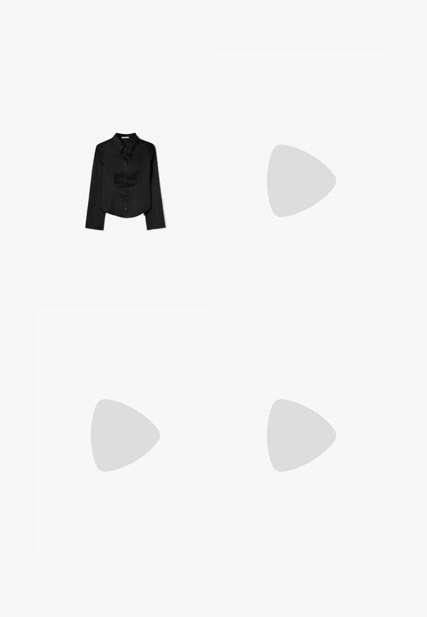 Chemise noire à manches longues en tissu lisse, avec un col pointu, une fermeture à boutons à l'avant et un ourlet court avec des fentes latérales.; Pantalon noir à jambes larges avec fermeture par bouton et zip, passants de ceinture et plis d’avant, posé à plat sur fond blanc.; Baskets en cuir noir avec des rayures blanches et une semelle blanche, lacées, flottant au-dessus d'une surface en béton rosée avec un mur en pierre grise en arrière-plan.; Lunettes de soleil noires en forme d'œil de chat avec des verres gris foncé, monture en plastique élégante, coins pointus et branches droites. Pas de métal visible ni d'accents.