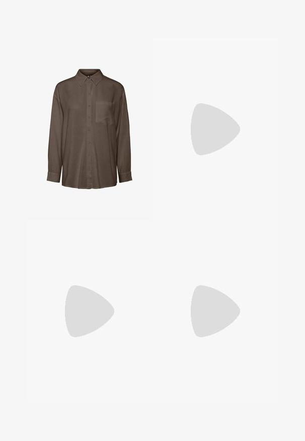 Chemise marron à manches longues boutonnée avec col pointu et une poche poitrine unique, présentée sur fond blanc.; Pantalon noir léger à coupe droite, taille à cordon de serrage et texture lisse ; conçu pour le confort et la liberté de mouvement.; Botte en cuir marron à hauteur de genou avec un bout arrondi, texture lisse et détails de couture minimalistes, placée sur un fond clair sur une chaise blanche.; Sac cabas en daim brun foncé avec deux poignées en cuir noir et des détails de coutures verticales, présenté sur un fond clair uni.