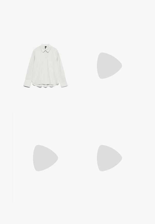 Chemise blanche à manches longues avec col, poche poitrine et larges poignets, présentée à plat sur un fond blanc.; Jean large en denim bleu avec poches avant, passants pour ceinture, et une fermeture à bouton et zip à la taille.; Ballerine en cuir verni noir avec bout pointu, bride décorative et texture lisse. Design minimaliste sans accents visibles.; Sac à main en cuir noir de forme triangulaire, avec un rabat incliné et une poignée supérieure arrondie. Il présente une texture lisse et des détails de design minimalistes.