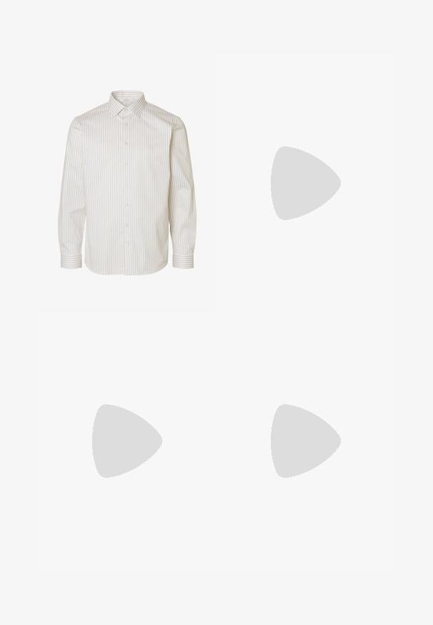 Wit overhemd met lange mouwen en beige verticale strepen, knoopsluiting aan de voorkant, puntige kraag en knoopmanchetten.; Witte broek met een getailleerde pasvorm, voorzien van een gladde voorkant, twee zijzakken en een enkele achterzak. Gemaakt van een soepele stof.; Bruine leren loafer met franjes bovenop en een dikke rubberen zool op een effen lichte achtergrond.; Donkerbruin leren riem met een zilveren rechthoekige gesp, netjes opgerold op een eenvoudige witte achtergrond.
