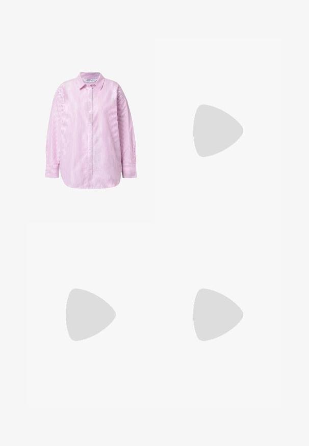 Chemise à manches longues boutonnee, rayée verticalement rose et blanche, avec col et poignets boutonnés, présentée sur un fond blanc.; Pantalon de survêtement noir à coupe ample avec taille élastique et petit logo blanc sur le côté droit.; Baskets en daim noir avec trois bandes beiges, logo rond sur la languette, lacets plats et semelle rembourrée, étiquetées "CAMPUS."; Des lunettes rectangulaires noires avec des verres transparents. Fini brillant, branches étroites et teinte violette visible sur les bords des verres.