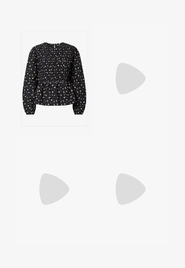 Blouse noire à manches longues avec corsage froncé, petit imprimé floral bleu et beige, encolure ronde, poignets et ourlet froncés.; Jupe en velours côtelé bleu marine avec une coupe droite, cinq boutons métalliques à l'avant et deux poches latérales pour plus de fonctionnalité.; Chaussure plate en cuir noir avec un nez pointu, des détails froncés autour de l'ouverture et un accent en boucle argentée sur la bride ajustable.; Sac à main noir avec texture crocodile, bord supérieur froncé, poignée plissée et pompons à cordon de chaque côté sur fond blanc.