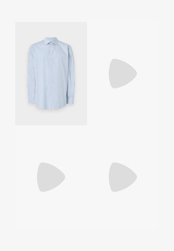 Sinine ja valge triibuline pika varrukaga särk, mis on valmistatud puuvillast, klassikalise krae, nööpidega esiosa ja paelutatud varrukatega.; Mustad sirgete säärega püksid elastse vöökohaga, nööpidega kinnituv ja ees paelaga seotavad.; Mustast nahast loafer paksu soonelise tallaga ja väike roheline "Polo" silt välisküljel kanna lähedal.; Must kuuldustasku, millel on tumedates hallides geomeetrilised mustrid, sünteetilisest materjalist, ristkülikukujuline, eesmine lukk-tasku ja hõbedased detailid.