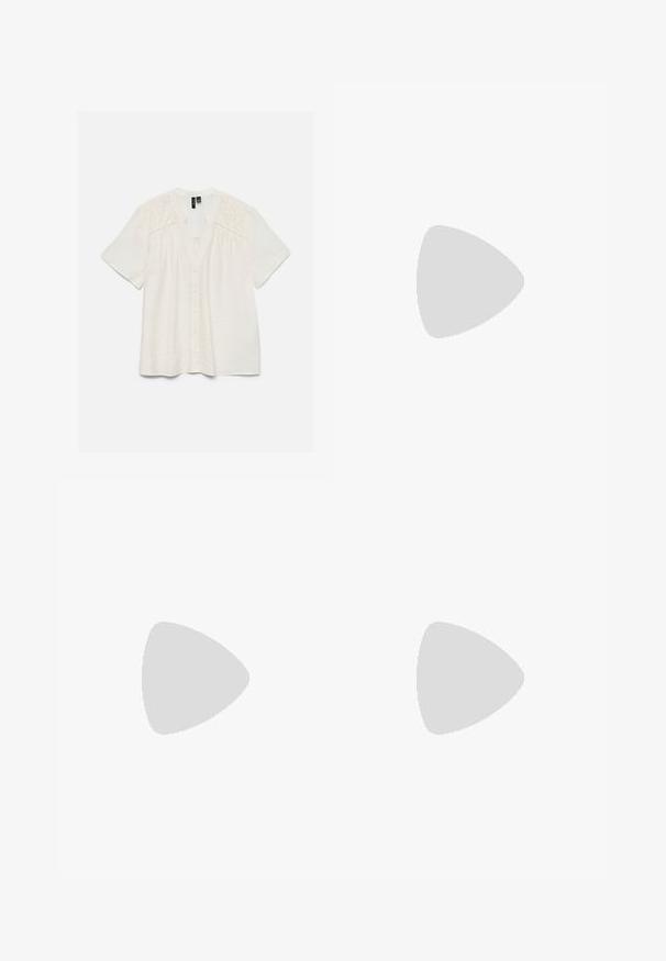 Blouse blanche à manches courtes avec boutonnière sur le devant et broderie florale découpée aux épaules et en haut de la poitrine.; Short blanc à taille élastique avec broderie œillet florale et tissu légèrement texturé.; Sandale blanche à talon haut avec bride à la cheville, bout ouvert et nœud décoratif sur la bride avant sur un fond uni.; Petit sac à main texturé jaune avec fermeture éclair incurvée sur le dessus, poignée courte ondulée, bandoulière amovible et logo Steve Madden en argent.