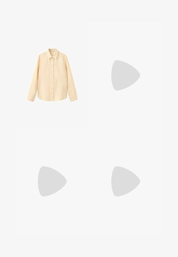 Chemise beige à manches longues avec boutons, col et poche poitrine, présentée sur un fond blanc.; Pantalon fuselé taille haute couleur crème avec plis à l’avant, poches latérales et ourlets retournés.; Mule en daim marron à bout ouvert, talon en bois incurvé de hauteur moyenne et design à enfiler sur fond blanc.; Sac à main épaule en cuir beige avec longues sangles et fermeture à rabat avant sur fond blanc.