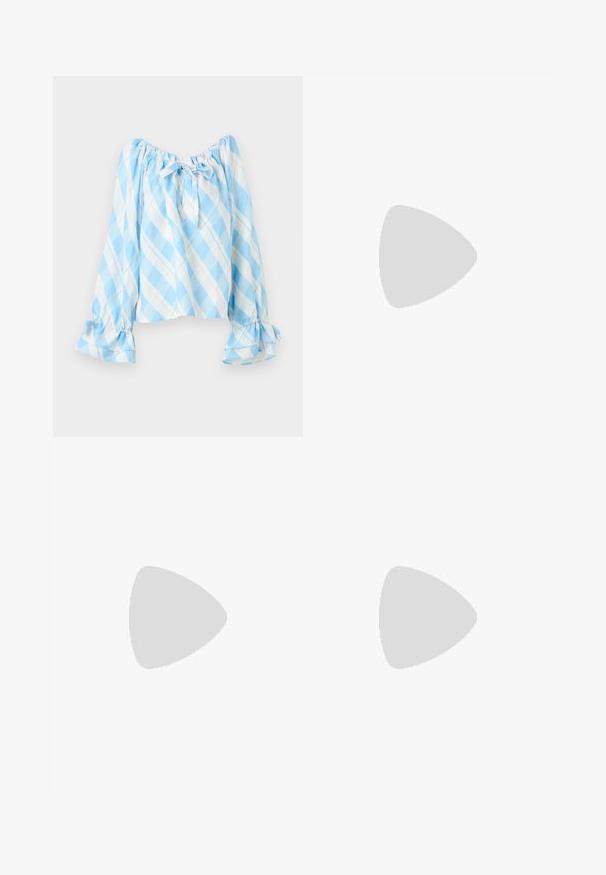 Lyseblå og hvide ternet off-shoulder bluse med lange pufærmer, flæsekantede manchetter og en bindebånd i halsudskæringen.; Blå A-formet nederdel med hvidt blomsterbroderi spredt ud over stoffet.; Slingback fladsko i lys beige med en mesh-overdel, spids tå og en lav hæl. Har en justerbar strop for bedre pasform.; Clutch-taske i cremefarvet læder med en struktureret topramme og håndledsrem, vist mod en enkel lys baggrund.