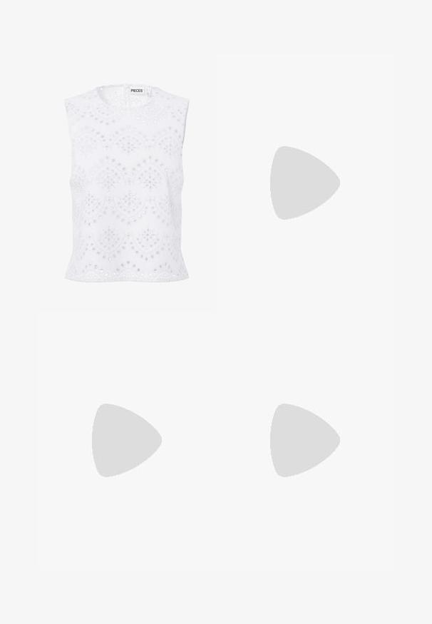 Blouse blanche sans manches avec encolure ronde, broderie anglaise et motifs festonnés, présentée sur un fond uni.; Jupe midi plissée en satin vert clair avec une texture lisse. Taille ajustée, longueur mi-mollet, avec des plis verticaux réguliers sur toute la surface.; Ballerines blanches et grises avec un bout arrondi et un lacet élastique, présentant trois rayures grises, et une semelle en caoutchouc beige.; Sac à main blanc plissé avec poignée courte et une large bandoulière amovible texturée avec boucle argentée.