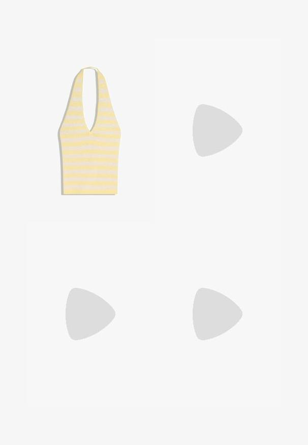Haut dos nu tricoté rayé jaune et blanc avec un deep décolleté en V et des bretelles larges.; Pantalon blanc à jambes larges avec taille élastique et cordon de serrage, en tissu léger.; Sandale plate blanche avec fines lanières croisées et une bride arrière, vue de côté sur fond blanc.; Lunettes rectangulaires teintées de brun avec une finition brillante, dotées de branches fines et de verres transparents. Logo visible sur la branche gauche.