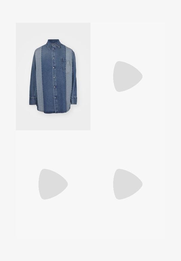 Chemise en denim avec un design bicolore comportant des sections bleu foncé et bleu clair, avec un devant à boutons, un col et une poche poitrine.; Jean en denim à jambes larges en bleu moyen, avec un ourlet à rayures verticales bleues et blanches. Design classique à cinq poches avec une fermeture à bouton.; Baskets basses en cuir marron avec lacets crème et semelle épaisse en caoutchouc crème, vues de profil sur fond blanc.; Sac bandoulière en cuir marron clair avec sangle réglable et fermeture éclair, présenté sur un fond clair uni.