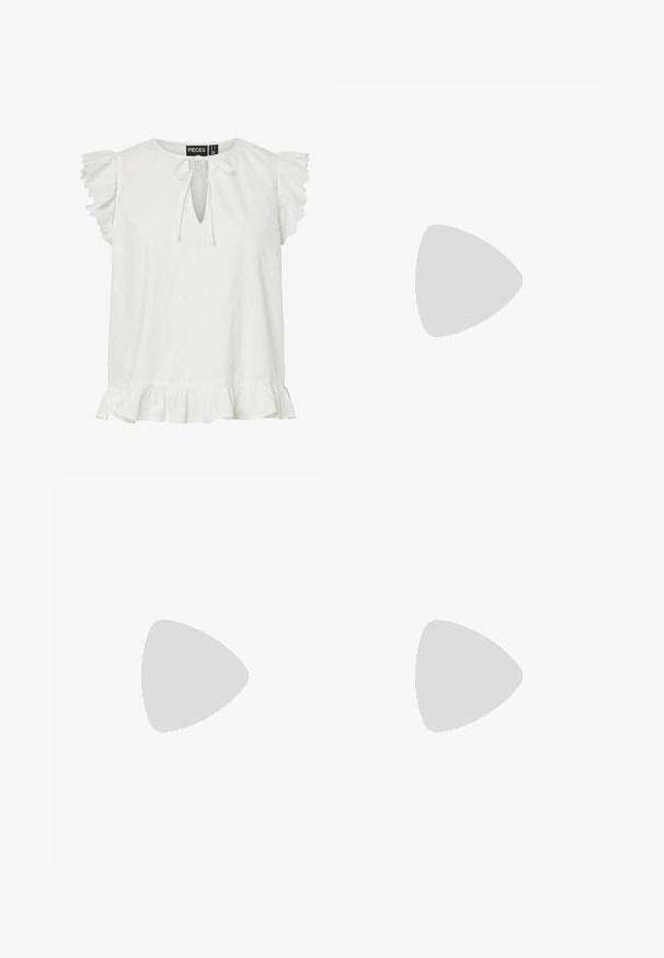 Blouse blanche sans manches avec manches courtes à volants, encolure goutte d’eau à nouer et ourlet volanté. Étiquette de marque "Pieces" à l’intérieur du col.; Jupe midi noire ligne A avec taille élastique et cordon de serrage, tissu léger et texture lisse, présentée sur fond uni.; Chaussure plate en cuir beige avec un bout pointu, un accent de boucle sur le côté et une semelle noire basse. Texture lisse et design minimaliste.; Ensemble de pochettes en cuir bordeaux comprenant un devant transparent, un petit porte-cartes et une étiquette de bagage, tous dotés de textures lisses et de détails embossés.