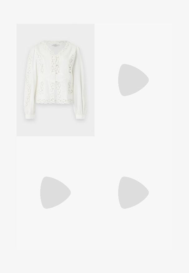 Blusa blanca de manga larga con recortes de encaje floral, bordes festoneados, pliegues verticales con costura y cierre de botones en la parte frontal.; Falda midi color crema con cintura fruncida, lazos laterales y bordado floral disperso en azul y verde.; Felmini STIEFELETTE - Botines camperos - brown; Bolso de paja trenzada tipo bandolera con una correa de cuero marrón; forma rectangular; superficie texturizada; color natural con un patrón de tejido ajustado.
