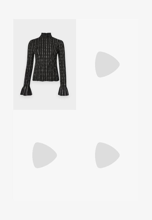 Haut noir à manches longues avec col haut, présentant des rayures verticales et des poignets évasés. Le matériau a une finition texturée avec un léger éclat.; Jupe crayon noire en dentelle avec des embellissements en sequins floraux et un panneau en dentelle transparente à l'ourlet.; Escarpin en cuir beige à talon haut avec un bout pointu et un détail découpé sur le côté, possédant un talon stiletto fin pour le soutien.; Petit sac à main blanc avec des taches marron, forme triangulaire arrondie, doublure intérieure noire et bandoulière courte réglable avec boucle argentée.