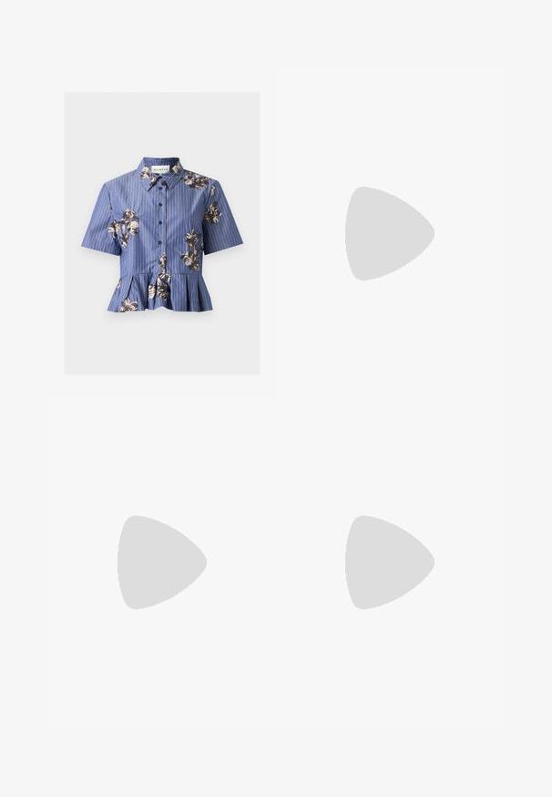 Blue short-sleeve button-up blouse with white pinstripes, floral sequin embroidery, a collar, and a pleated peplum hem.; Light green wide-leg trousers made from soft fabric, featuring a front button closure, pleats, and a clean hemline.; Slingback flat shoe in light beige with a mesh upper, pointed toe, and a low heel. Features an adjustable strap for fit.; Pleated beige leather clutch with a silver metal frame, featuring two round decorative clasps and a silver chain strap.