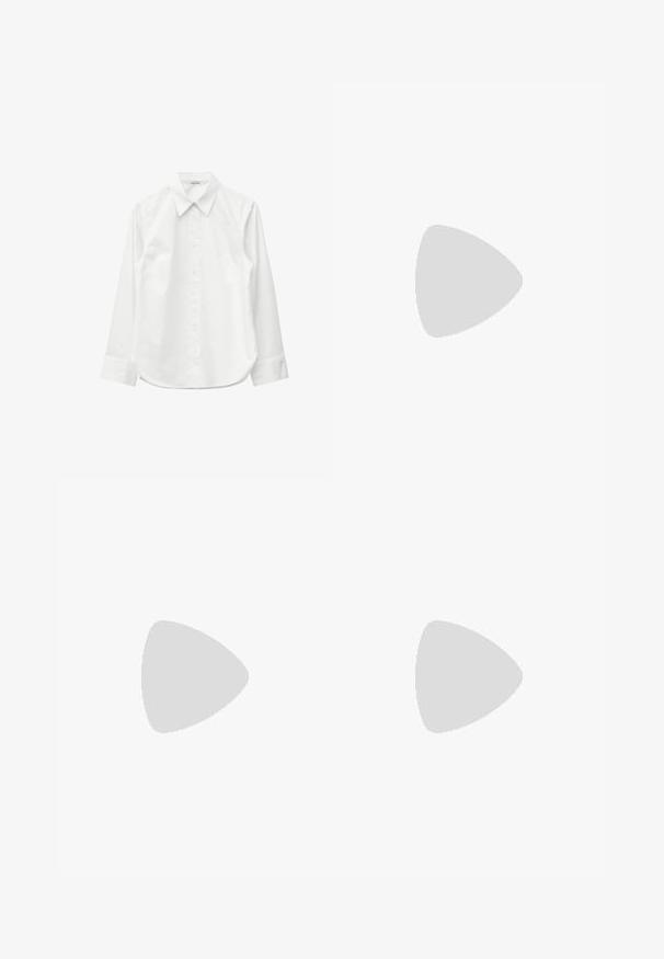Chemise blanche à manches longues avec boutons, col pointu et poignets, présentée à plat sur un fond blanc.; Jeans marron taille haute avec imprimé zèbre foncé, cinq poches, fermeture à bouton et coupe droite, sur fond blanc.; Chaussure plate en cuir bordeaux foncé avec un bout pointu et une fine bride en T avec une boucle argentée sur fond blanc.; Sac à main en cuir verni marron de forme rectangulaire, avec deux longues poignées et des accents courbés subtils à l'avant.