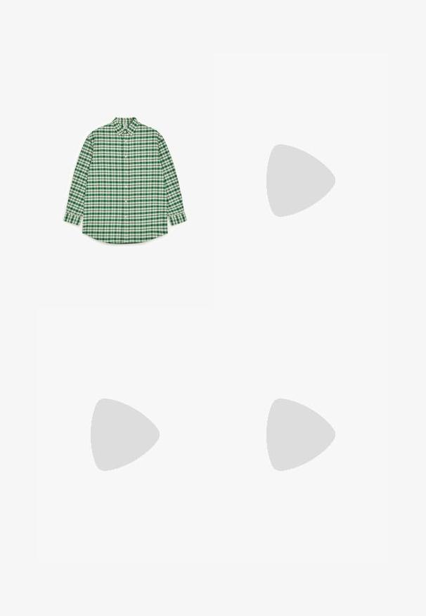 Chemise à boutons à carreaux verts et blancs, manches longues, col, ourlet arrondi, avec un motif carré régulier et une texture subtile.; Pantalon noir à jambes larges avec passants de ceinture, bouton à l'avant et design plissé, présenté sur un fond blanc.; Chaussure mocassin en cuir noir présentée en suspension au-dessus d'un tapis beige tissé, avec une table en bois et des livres empilés dans un salon doucement éclairé.; Ceinture en cuir noir avec une boucle métallique rectangulaire argentée et une seule boucle pour la fixation.