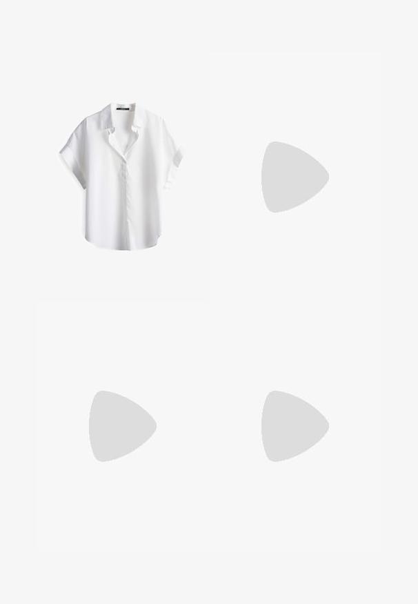 Witte short-sleeve shirt met een zachte katoenen textuur, een omgeslagen kraag en een relaxte pasvorm. Heeft een knoopsluiting aan de voorkant en een gebogen zoom.; Witte wijde broek met een getailleerde pasvorm, rechte pijpen, zijzakken en riemlussen, plat neergelegd op een effen achtergrond.; Beige canvas sleehak espadrille met gevlochten juten platform en enkelriempjes, met een geweven hielkap.; Gevlochten strooien tote tas met brede bodem, gevlochten handvatten en natuurlijke beige kleur op een effen witte achtergrond.