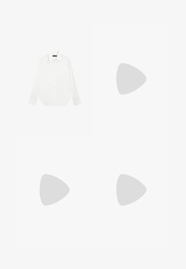 Chemise blanche à manches longues boutonnée, avec col pointu et poignets, présentée à plat sur un fond blanc.; Jean flare en denim bleu foncé avec fermeture à double bouton à la taille et poches avant, présenté sur un fond clair uni.; Chaussure en cuir noir de style Mary Jane avec un bout arrondi, une seule sangle ajustable et un petit talon carré. Texture lisse, détails minimaux.; Sac à main rectangulaire en cuir noir avec une longue bandoulière unique et une finition brillante, présenté sur un fond blanc uni.