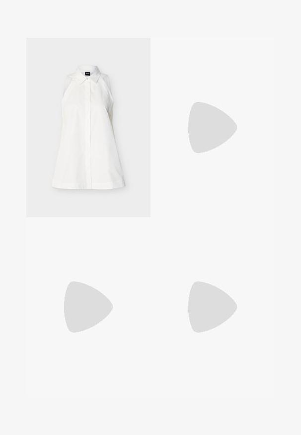 Chemise blanche sans manches avec col, boutons cachés sur le devant, coupe cintrée et étiquette de la marque à l'intérieur du col.; Pantalon noir taille haute à jambes larges avec fermeture par bouton et zip devant, avec poches latérales et passants de ceinture sur un fond clair.; Bottine noire à bout pointu, en matériau texturé imitant les cheveux, avec un panneau latéral à nervures et un petit talon carré. Un design simple et moderne.; Sac à bandoulière rectangulaire en cuir noir avec fermeture éclair dorée et petit logo "HUGO" doré sur le devant, doté d'une sangle réglable avec boucle.