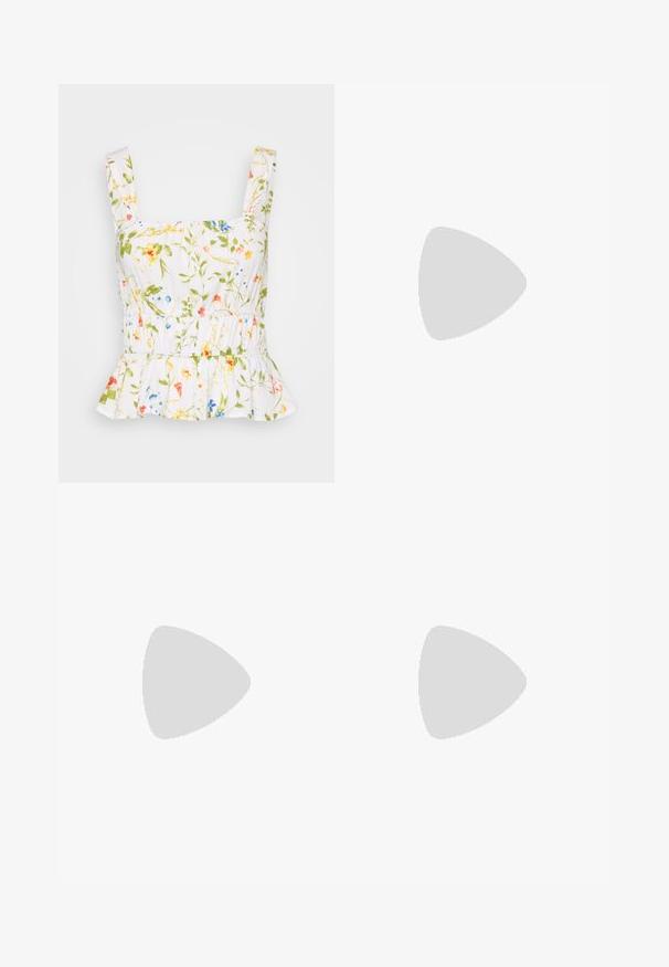 Haut floral blanc avec des motifs verts, bleus et roses. Présente des bretelles larges, une taille élastique et un volant en peplum à l'ourlet. Tissu léger.; Jean en denim bleu foncé taille haute avec jambes évasées, poches avant et fermeture à double bouton à la taille.; Sandale blanche à talon avec un bout pointu, sangle de cheville réglable et un talon carré épais. Texture lisse avec des détails de couture minimaux.; Sac à main en cuir noir de forme arrondie, décoré de clous argentés et équipé d'une poignée courte. Texture lisse et fermeture éclair.
