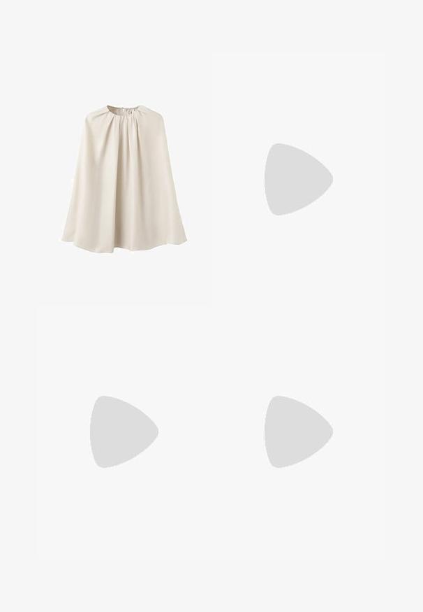 Cape beige en tissu lisse, dotée d'un col haut avec des détails froncés et d'un design fluide et drapé. Aucune fermeture ni motif visible.; Pantalon beige taille haute à jambes larges avec passants pour ceinture et poches latérales avant, fabriqué en tissu texturé.; Mule marron à bout ouvert avec brides croisées et talon haut fin, présentée sur fond blanc.; Sac cabas en cuir beige avec double poignée, détails à cordon latéral et une structure souple légèrement flasque.