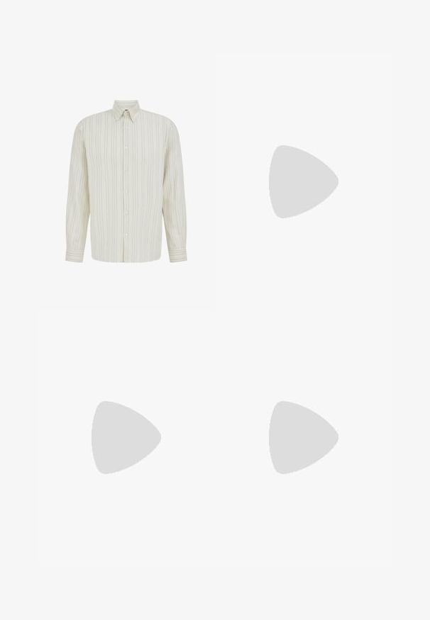 Chemise crème à manches longues avec de fines rayures noires verticales, boutonnée à l'avant, col pointu et poignets boutonnés.; Pantalon gris clair sur mesure à jambes droites, passants pour ceinture, plis avant et taille nette sur fond blanc.; Mocassin en cuir noir à finition lisse, bout pointu et détails cousus sur le dessus. Talon bas et design minimaliste.; Ceinture en cuir noir roulée avec une boucle en métal rectangulaire noir mat et deux passants sur fond blanc.